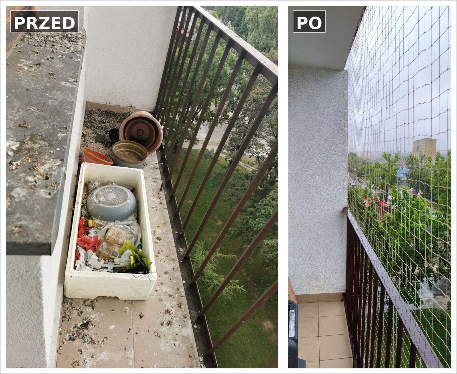 Balkon przed zabezpieczeniem oraz po montażu siatki przeciw ptakom